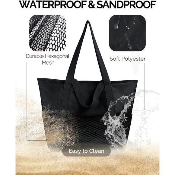 Women Black Beach Bag Large Waterproof Sandproof Foldable Tote With Zipper Mesh - Picture 4 of 7